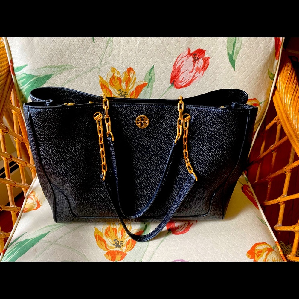 Tory Burch Georgia Pebbled Tote Black with chain/leather strap NWT ( detached)
